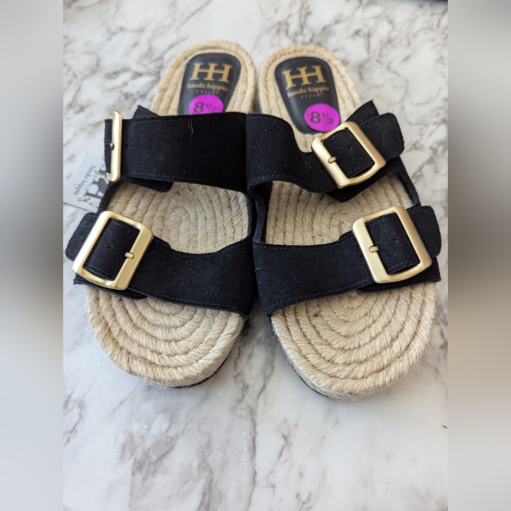 Haute Hippie Black Double Buckle Espadrille Slide Sandals NWT - Picture 4 of 7